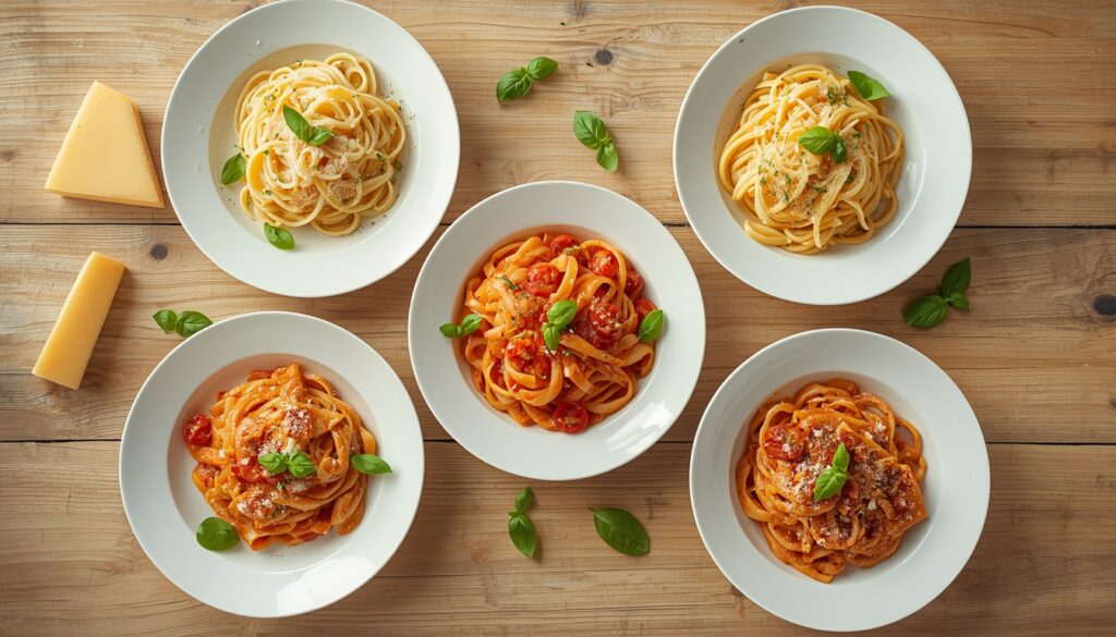 5 Easy Italian Pasta Recipes You Can Make Tonight 1 Easy italian pasta recipes spread on rustic wooden table overhead flat lay