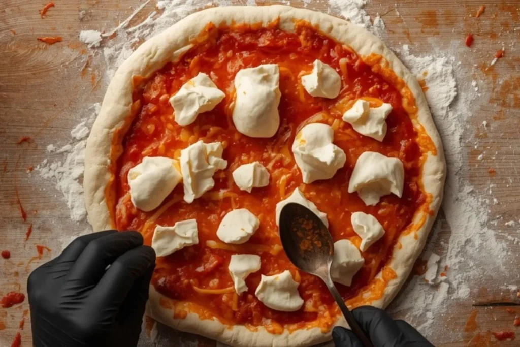 adding mozzarella and tomato sauce toppings to homemade pizza dough before baking
