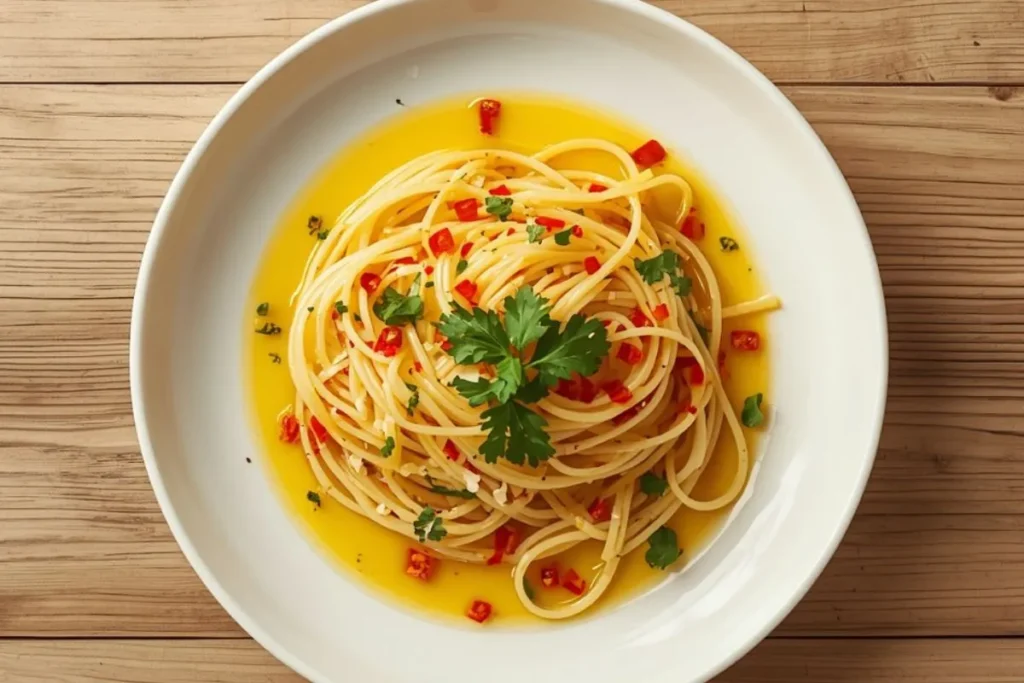 quick spaghetti aglio e olio golden garlic parsley white ceramic plate