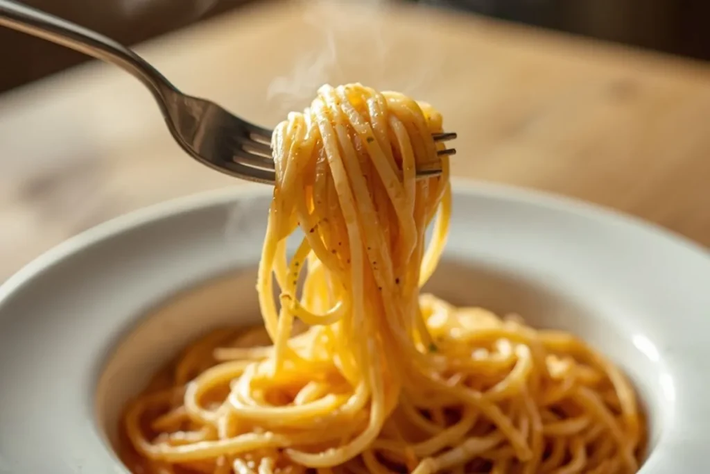 perfectly cooked al dente spaghetti lifted with fork showing pasta texture
