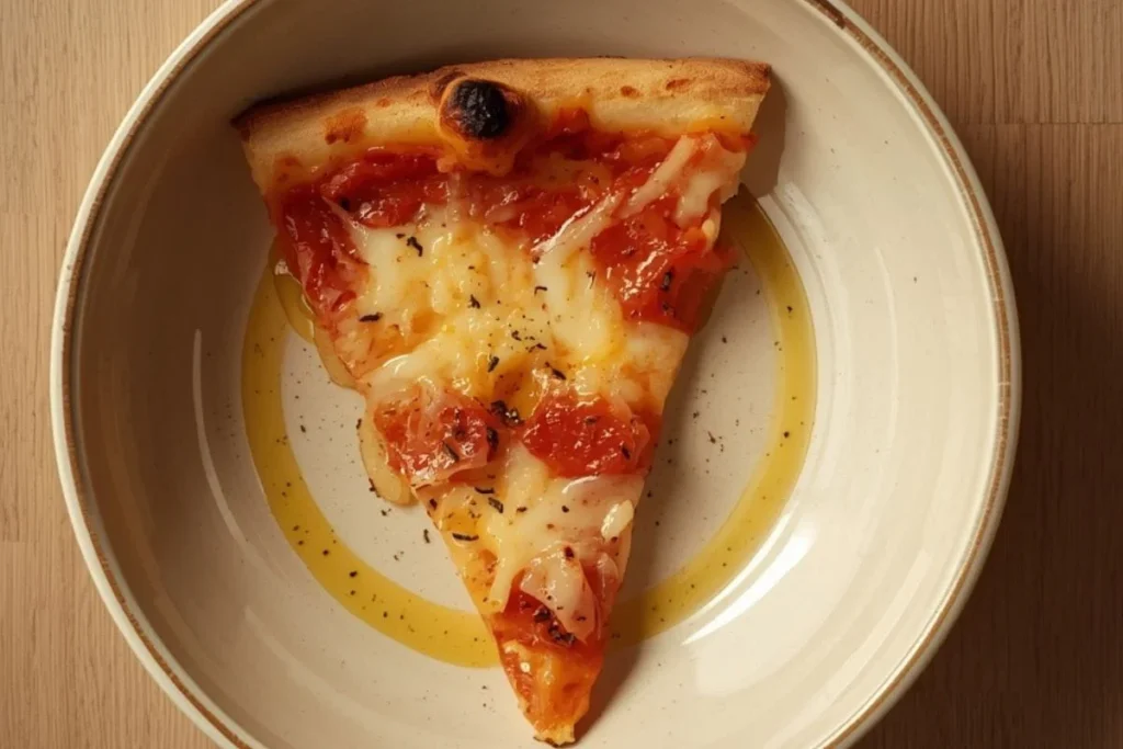 easy homemade pizza slice showing golden crispy crust melted mozzarella