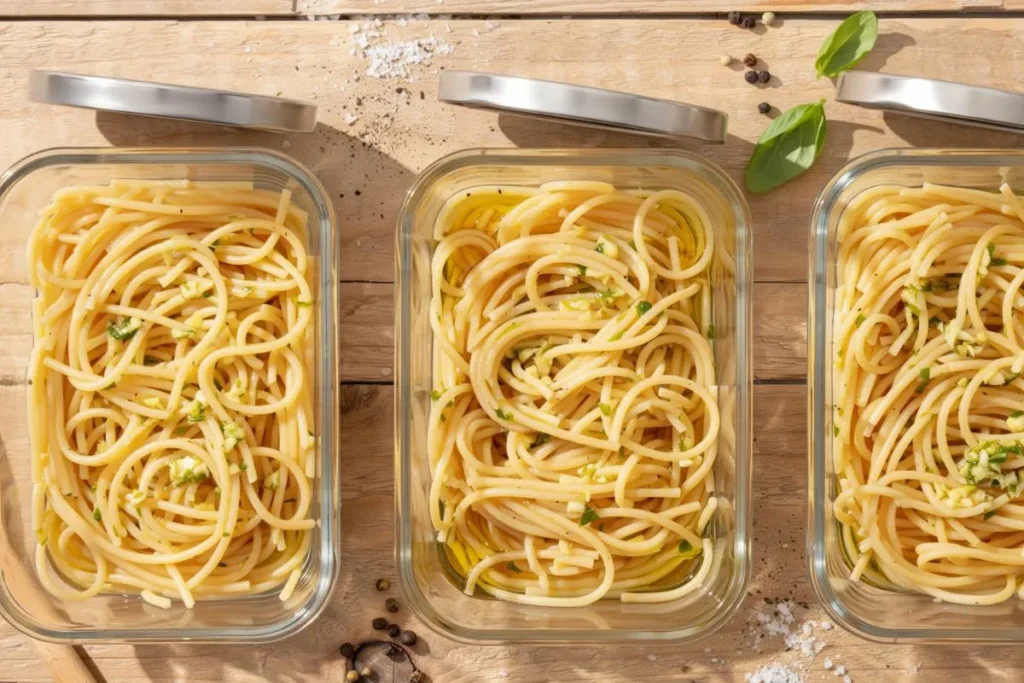 storing cooked Italian pasta clear glass airtight containers wooden table