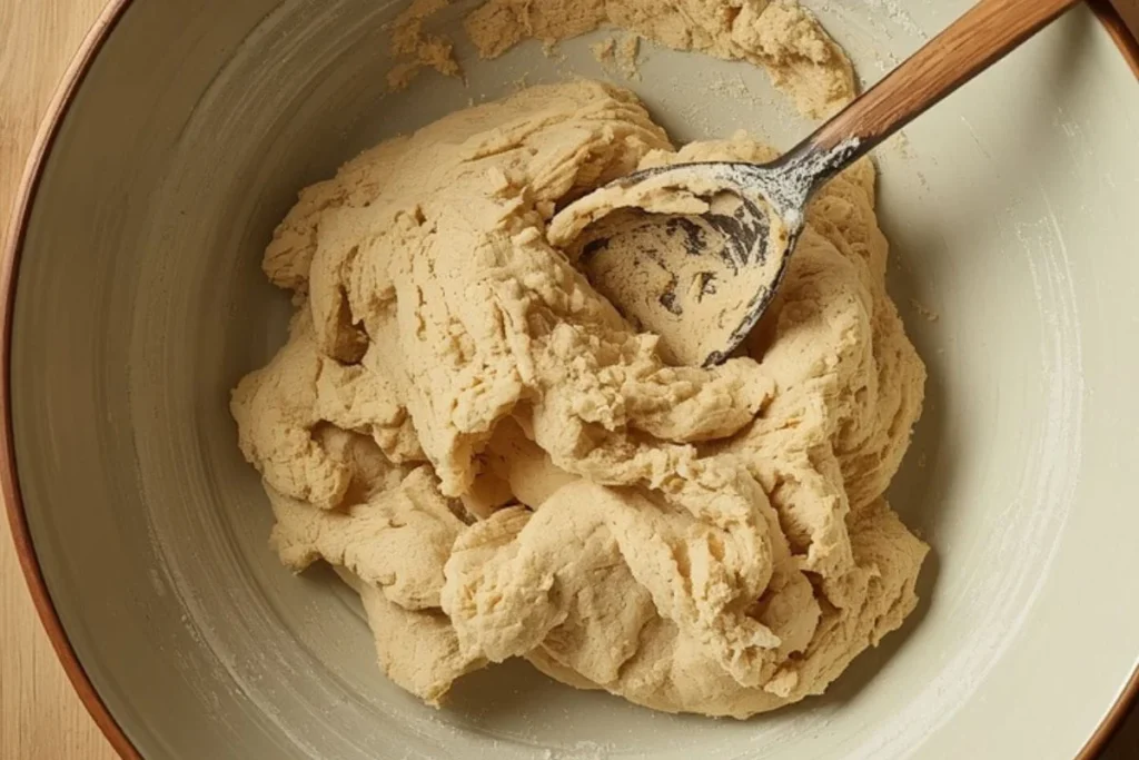 mixing pizza dough in large bowl