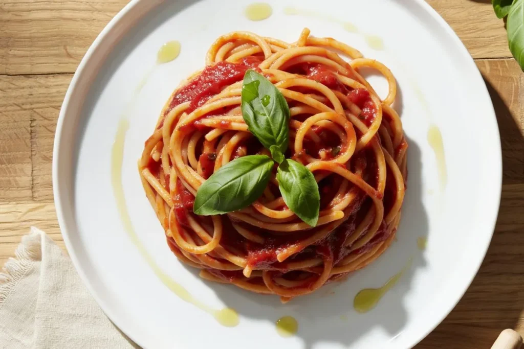 easy pasta pomodoro fresh tomato sauce basil leaves white ceramic plate