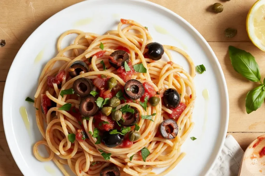 bold pasta puttanesca black olives capers tomato sauce white plate
