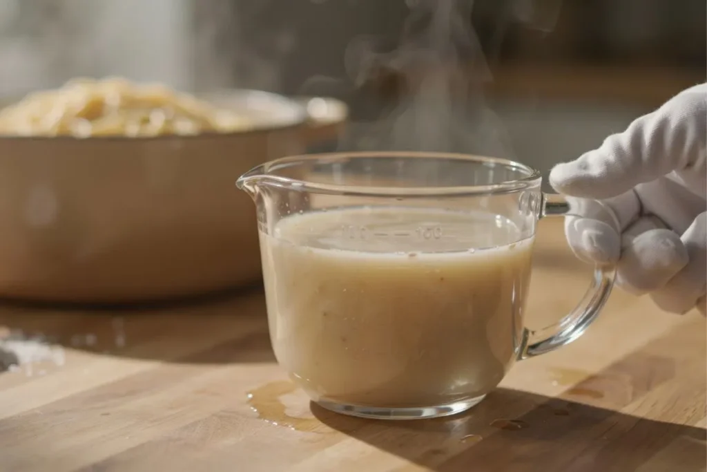 saving starchy pasta water in glass cup for silky Italian pasta sauce