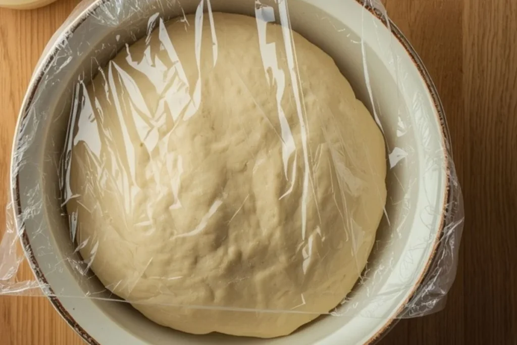 homemade pizza dough rising in oiled bowl 