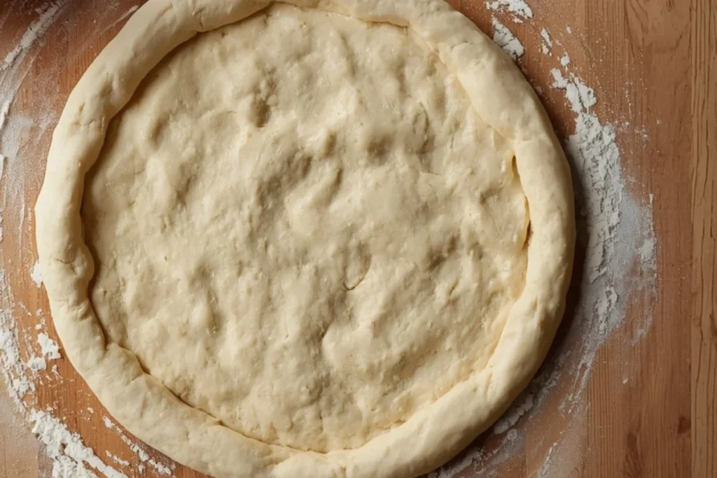 shaping and stretching homemade pizza dough by hand into round circle on floured surface