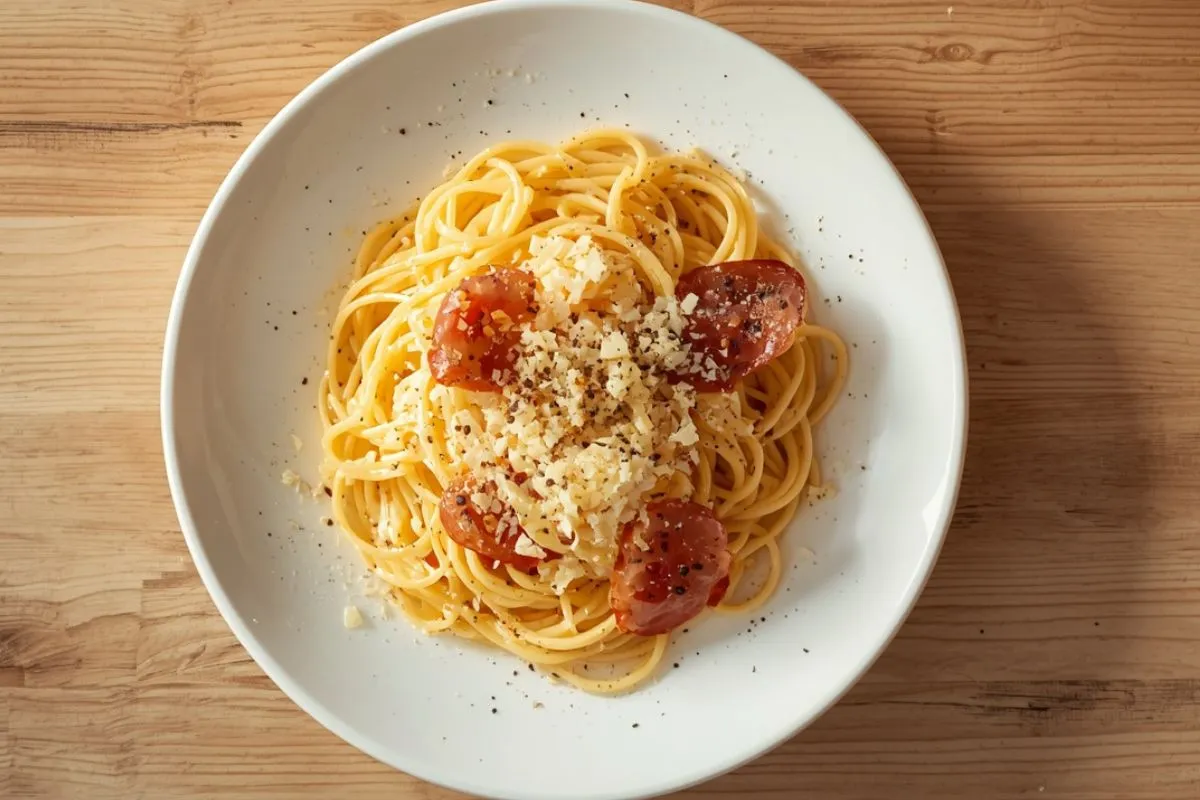 easy spaghetti carbonara recipe on white ceramic plate overhead shot