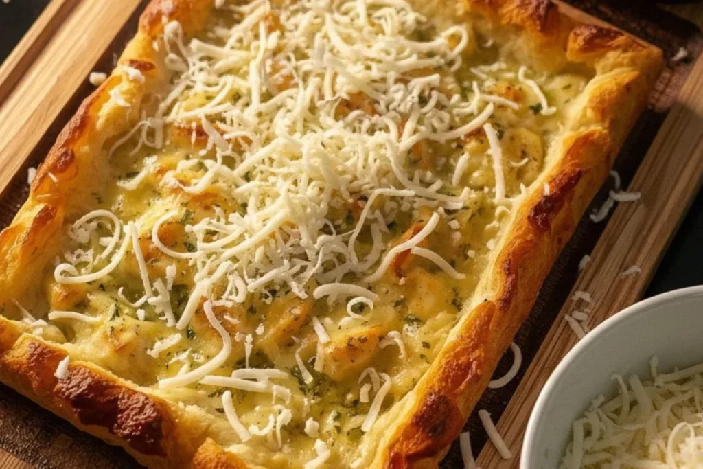 shredded mozzarella being scattered generously over golden garlic bread