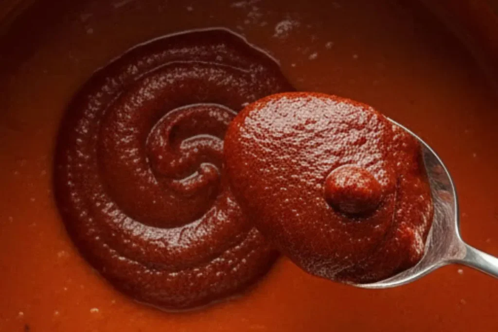 spoonful of tomato paste being stirred into pasta sauce saucepan 