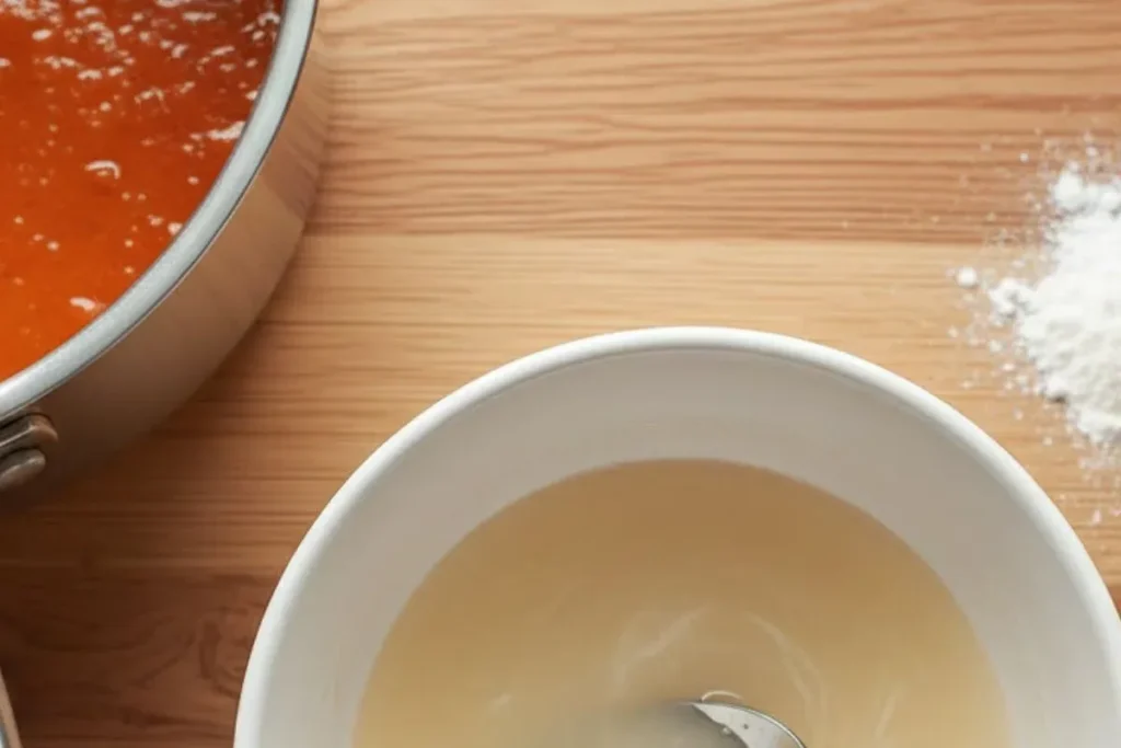 small bowl of cornstarch water slurry beside saucepan pasta sauce