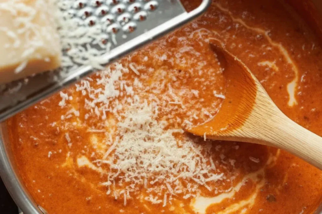 freshly grated parmesan being stirred into creamy pasta sauce saucepan