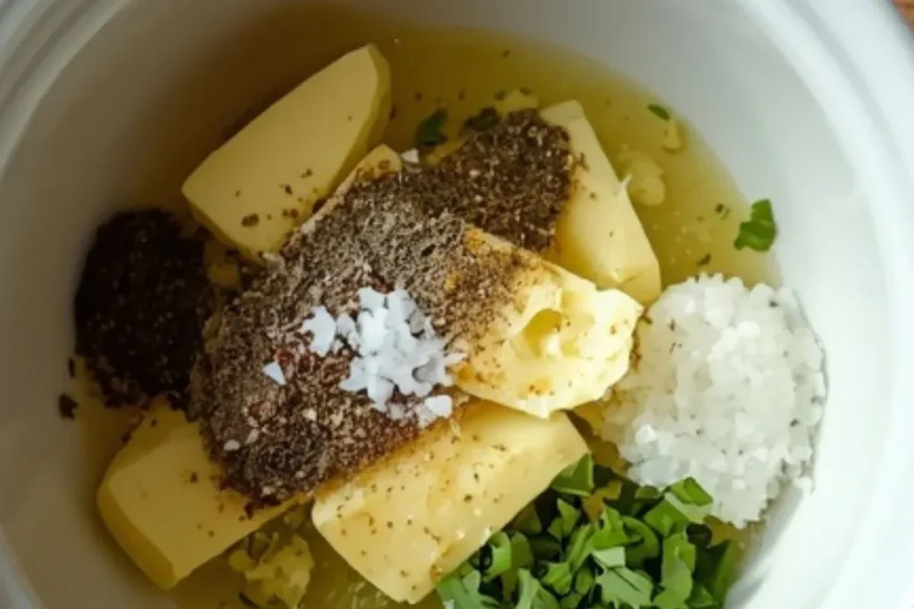 softened butter being mixed with minced garlic fresh parsley parmesan Italian seasoning