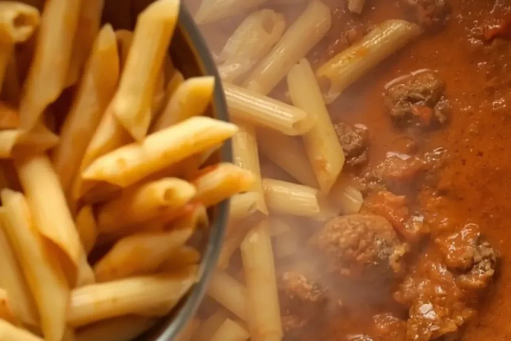 mixing pasta with sausage sauce webp 1