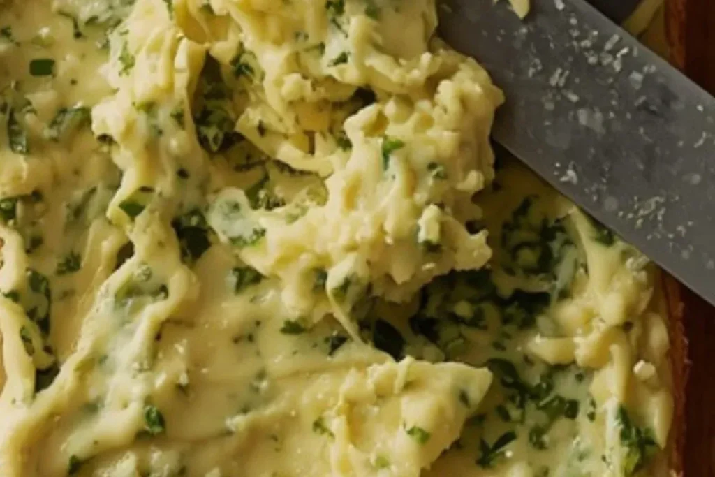 garlic herb butter being spread generously