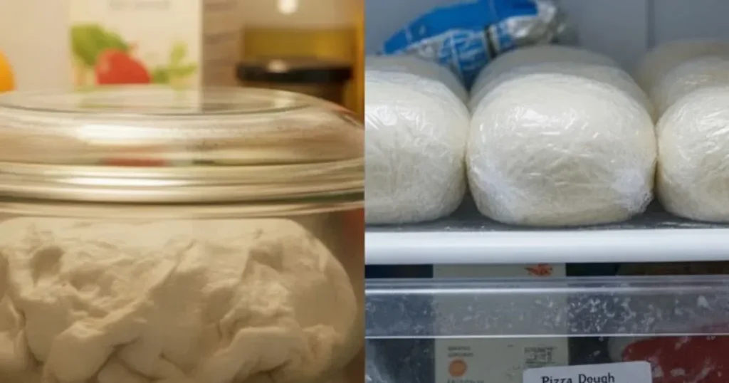 Pizza dough stored in a refrigerator and freezer